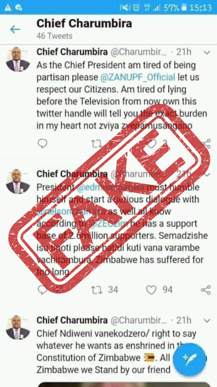 Chief Charumbira distances self from fake Twitter account